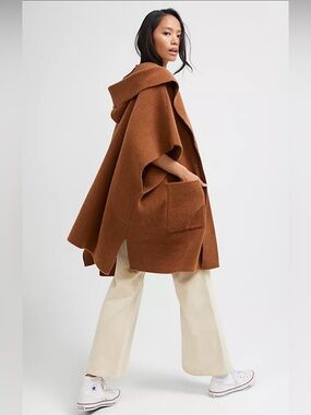 Free People Brown Tan Hooded Poncho - One Size Fits All